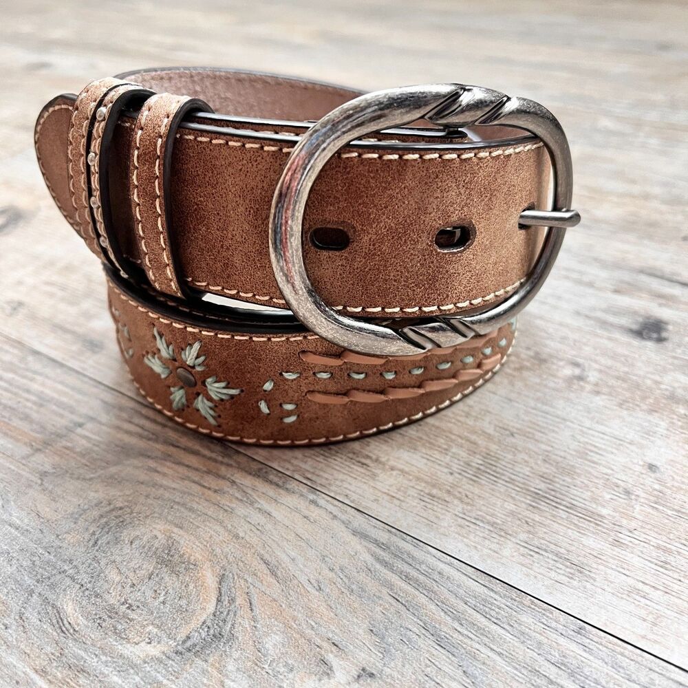 Vintage Genuine Leather Western Belt Size 40 Tooled Brown Turquoise Boho Cowboy